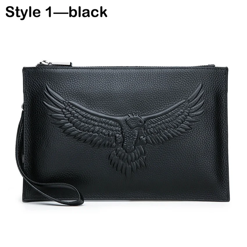 Fashion Leisure Embossing Men's Genuine Leather Wallet Clutch Bag  Zipper Long Wallet Large Capacity Handbag Wrist Bag