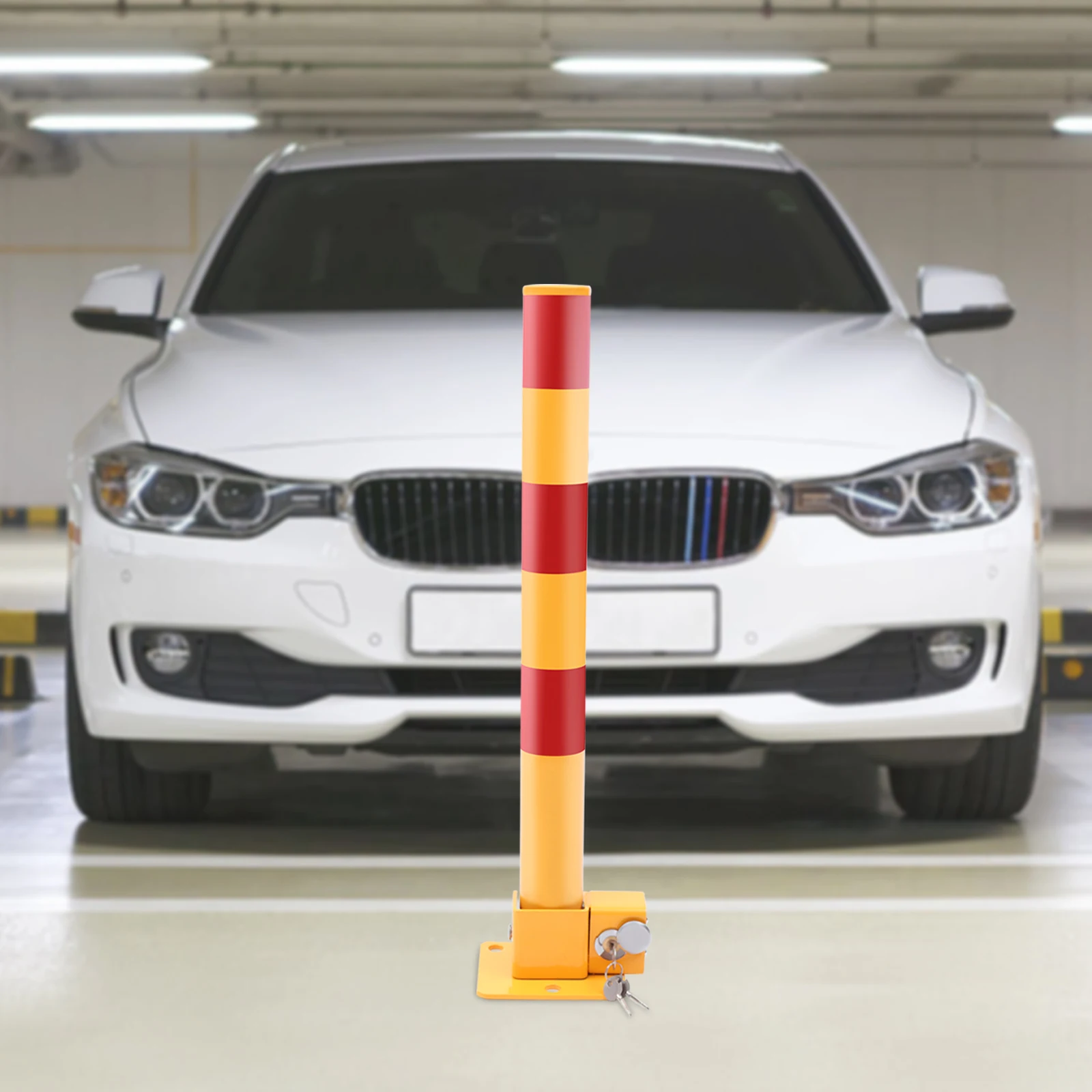Heavy Duty Safety Bollard, Q195 Iron, Reflective Parking Post with Automatic Locking for Private Spaces