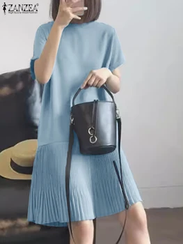 ZANZEA Casual Solid Pleated Dress Women Summer Short Sleeve Knee Length Robe 2024 Korean Loose Simple Patchwork Vestido Oversize 1