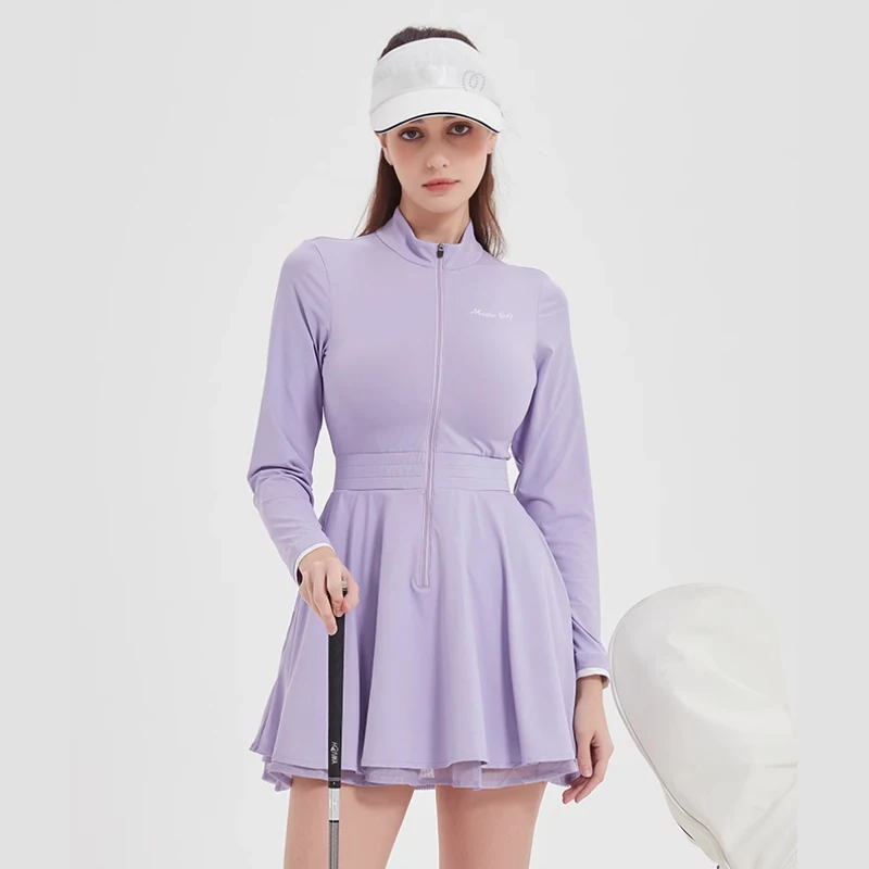 MG sporsts dress new purple long sleeve zip stand collar golf dress woman breathable thin quick dry tennis skirt
