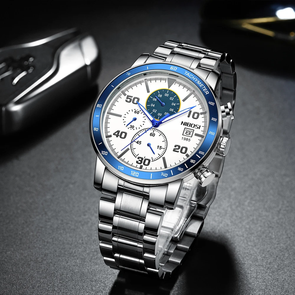 Часы наручные NIBOSI Мужские кварцевые с хронографом, брендовые Роскошные водонепроницаемые светящиеся в корпусе из нержавеющей стали