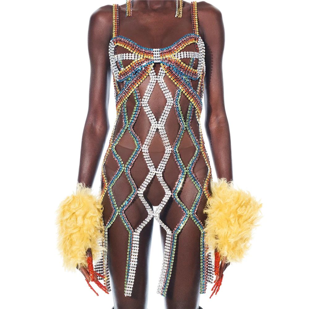 

2022 New Luxury Mixed Color Rhinestone Bow Sling Dress Women Fashion Super Sparkling Crystal Mesh Long Tassel Body Chain Jewelry