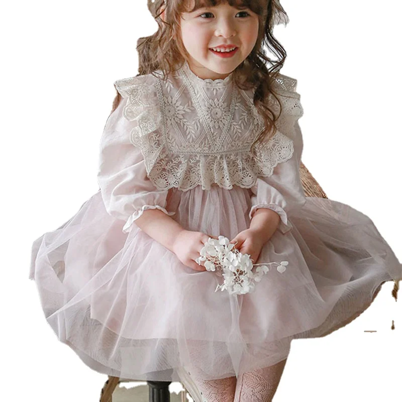 New Spring Baby Long Puff Sleeves Dress 2-11Y Child Girls Lace Turn-down Collar Princess Dresses Children Mesh Dress CL540 baby dresses