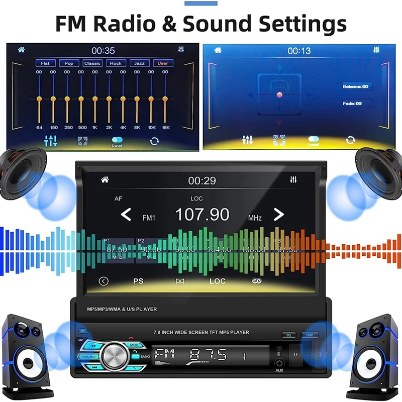 7 Inch Manual Flip Car Stereo Carplay Android Auto Single Din HD Touchscreen Radio FM Bluetooth Mirror Link Rear Camera