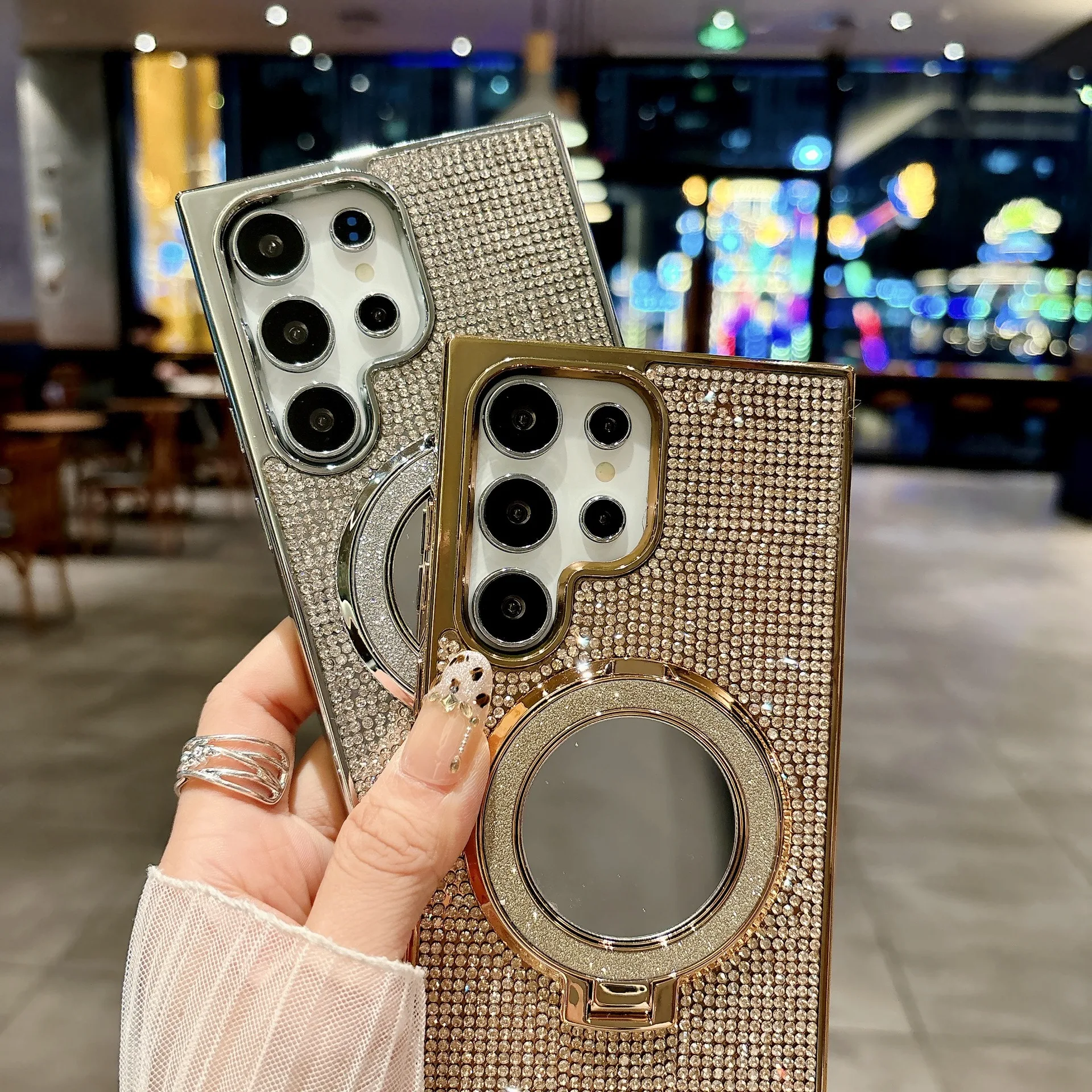 Luxury Diamond Mirror Phone Case with Magnetic Glitter Ring Stand