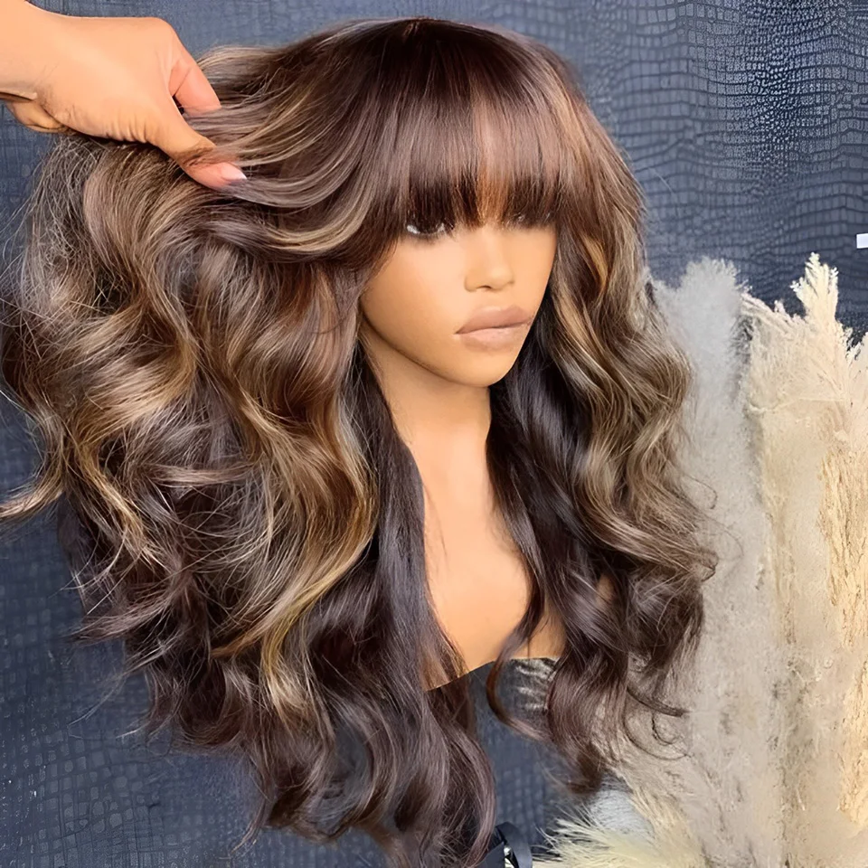 Black Pearl Highlight Brown Body Wave Human Hair Wig With Bangs For Women Brazilian Remy Hair Glueless Long Wigs human hair wigs