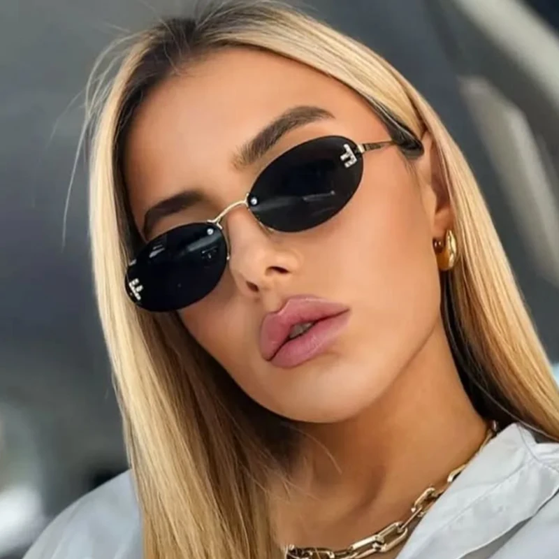 Diamond 'F' women's luxury sunglasses brand small black metal oval frame unisex stylish shades UV400