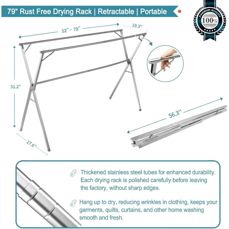 79 Inches Clothes Drying Rack, Stainless Steel Garment Rack Adjustable and Foldable Space Saving Laundry Drying Rack for Indoor 4
