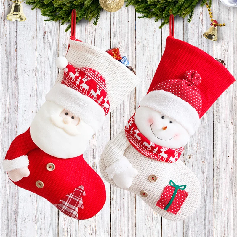 Large Knitted Christmas Stocking Santa Claus Fireplace Decor Socks Xmas Gift Bags Candy Holder Decor for Home