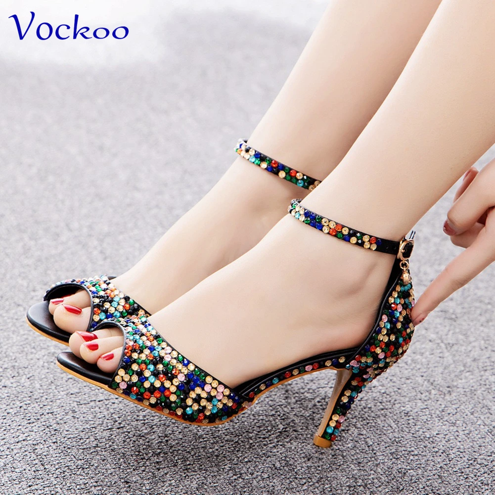2024 New Fashion Sexy Style in Rainbow Color High Quality Mature Italian Women Shoes with Shinning Crystal for Party