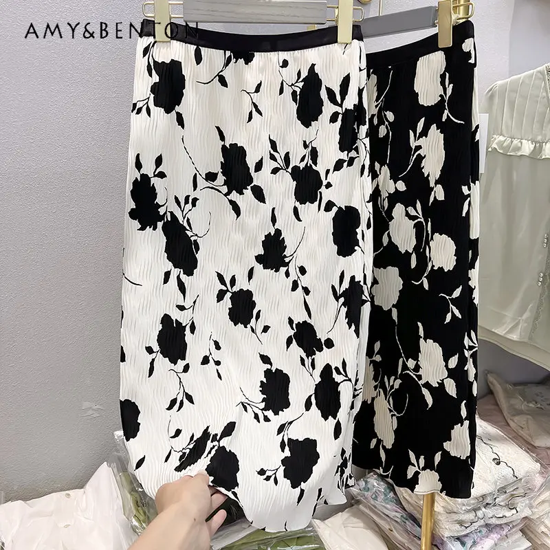 

2023 Summer New Korean Style Slimming All-matching Skirt Faldas Pleated Flower Print Mid-Length Chiffon Skirt for Women