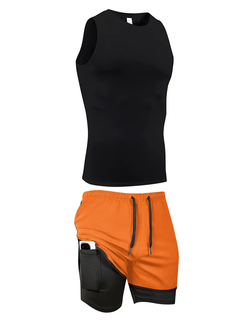 Men's Workout Running Athletic Clothing Set Sleeveless Compression Shirt Tank Top 2-in-1 Gym Shorts with Phone Pocket Towel Loop