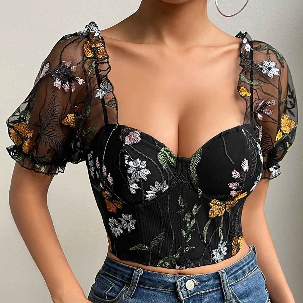 Bubble Sleeve Fishbone Corset Crop Top Summer Floral Tank Tops with Buckle Fashion Woman Slim Bustier Camis Skinny Tunic T-shirt