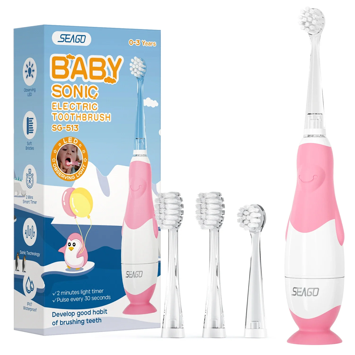 Children's Electric Toothbrush 1PC Seago for Kids Sonic Colorful Led Light 2 Mins Smart Timer Waterproof Ipx7 Soft Hair