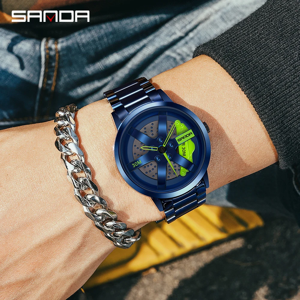 SANDA Fashion Rim Watch Hub Custom Design Sports Car Rim Sports Watch Waterproof Creative 2023 Male Watch Mens Wheel Wristwatch