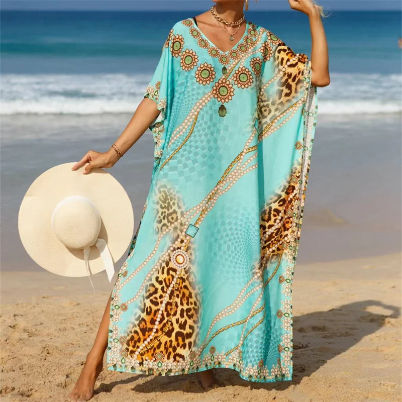 Elegant Print V Neck Pullover Loose Robe Women Beach Cover Up Sun Protection Coverall Female Beachwear Side Split Hem Cover-ups