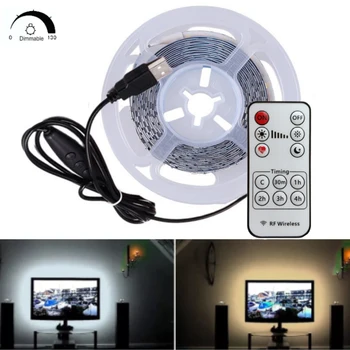 밝기 조절 USB LED 스트립 라이트, RF 리모컨 포함, TV 백라이트 램프 테이프, 화이트, 따뜻한 화이트, 레드, 블루, 그린, 2835, 5V, 60LEDs/m