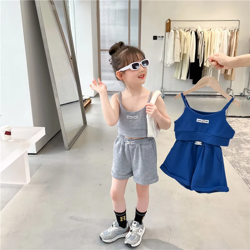 clothes set color	 Girls' Western-Style Leisure Suit 2022 Summer Korean Children'S Letter Embroidered Camisole Shorts Two-Piece Set baby boy clothing sets cheap	