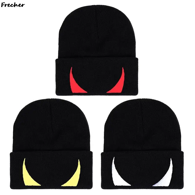 

Unisex Black Knitted Hat Devil Embroidered Hip Hop Cap Wool Beanie Hats Winter Autumn Popular Skullies Caps Brimless Gorras