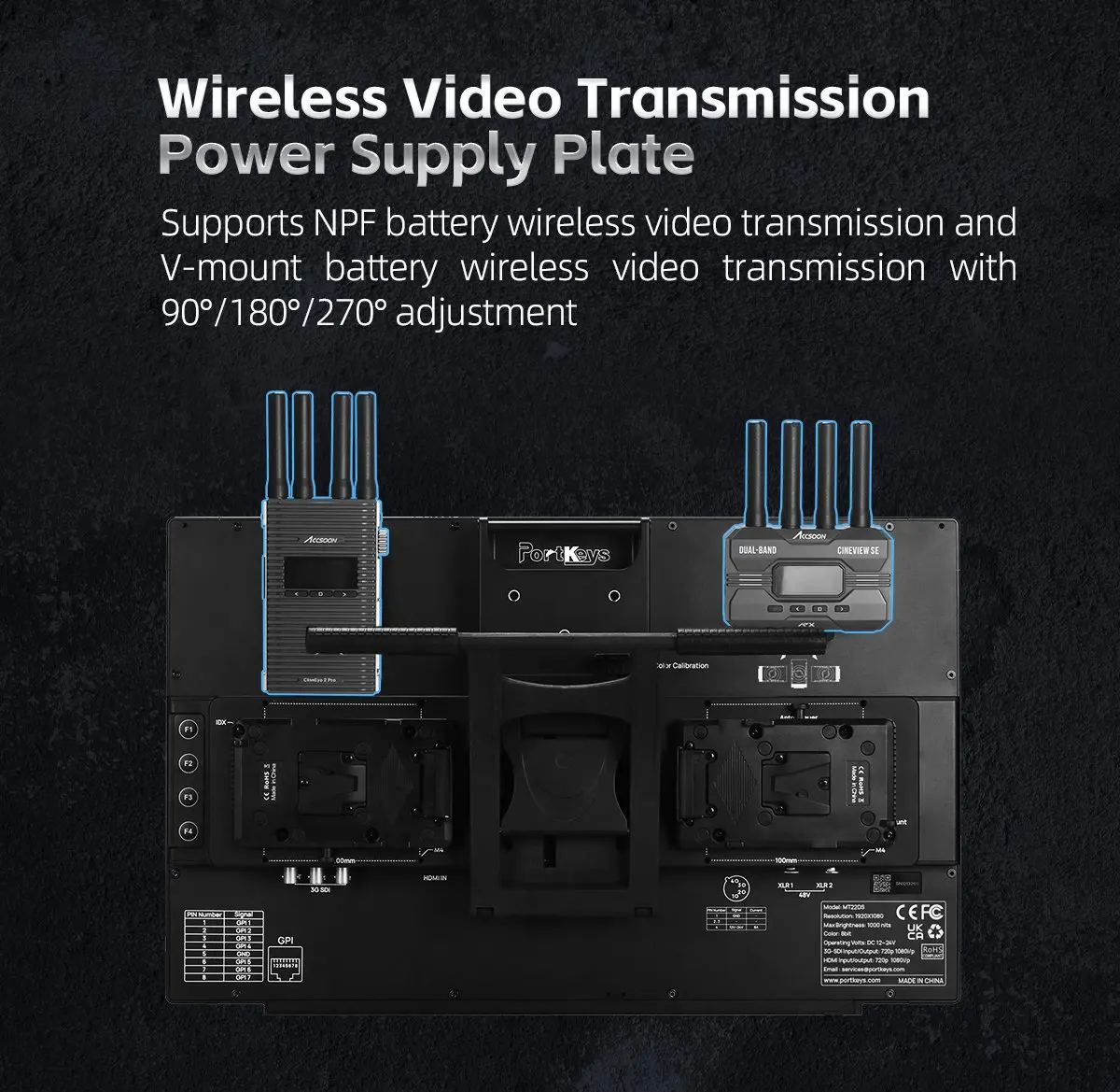 Portkeys MT22DS 21.5 Inch Dual Screen Multi-camera Broadcast Production Monitor Support 3G-SDI Wireless Video Transmission