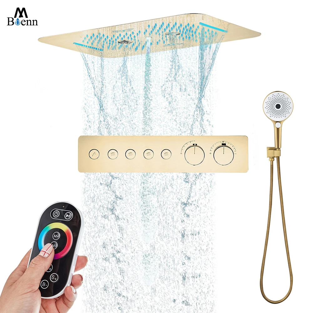 

M Boenn Push Button Type Bathroom Faucets Brushed Gold LED Thermostatic Shower System with Bluetooth Control Music Shower Head