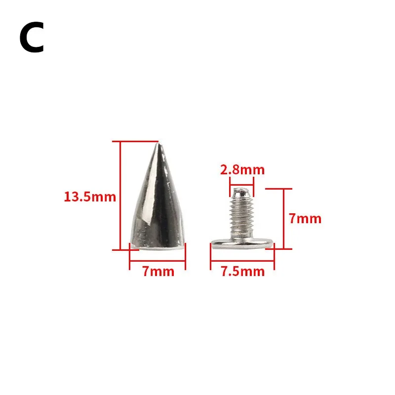 Description Picture 5 of item10 Sets Alloy Spikes Screw Cone Studs Silver Punk Rivets DIY Bolt Head Nail Buckles Clothes Garment Shoes Leathercraft Decor