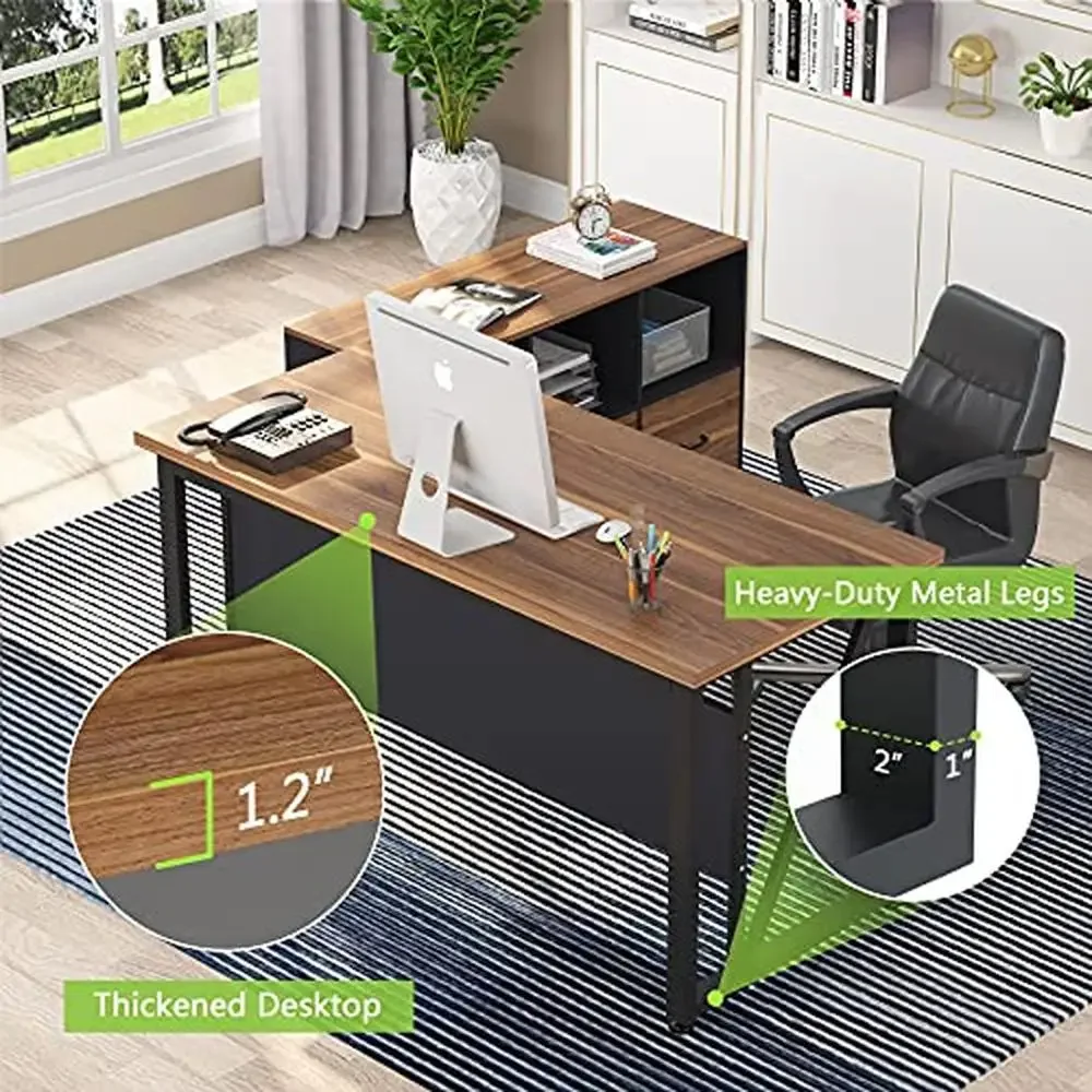 55" Executive Desk with Lateral File Cabinet Modern L-Shaped Computer Desk and Storage Solution 3