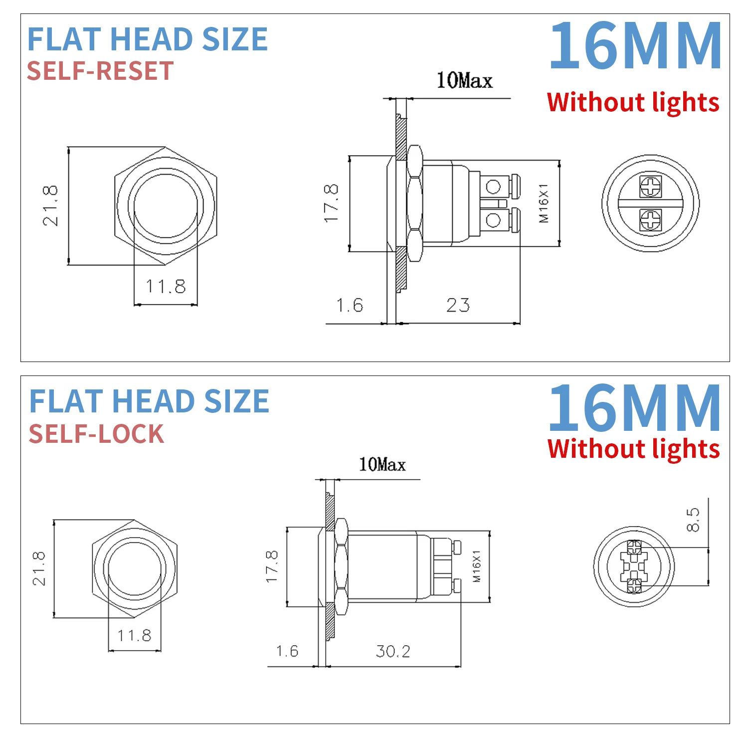 1NO 16 19 22mm Screw feet termina Momentary metal push button switch 1NOl for auto push button flat spherical high color no led