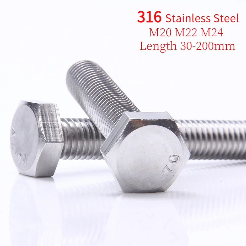

1pc M20 M22 M24 Length 30-200mm 316 Stainless Steel Marine Grade Full Thread Hexagon Head Screws External Hex Screw Bolts