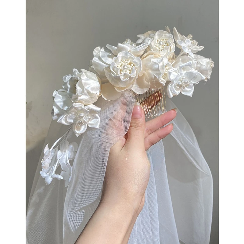 satin bud gradient hair comb floral veil hard yarn modeling wedding head jewelry