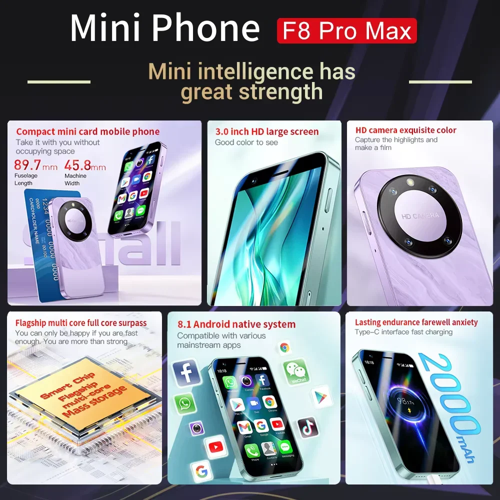 Teléfono Inteligente Mini FUFFI F8 Pro, Teléfono Android con Face ID, Portátil, Mini Celular de 8.1 Pulgadas HD, 16 GB de ROM, Batería de 2000 mAh