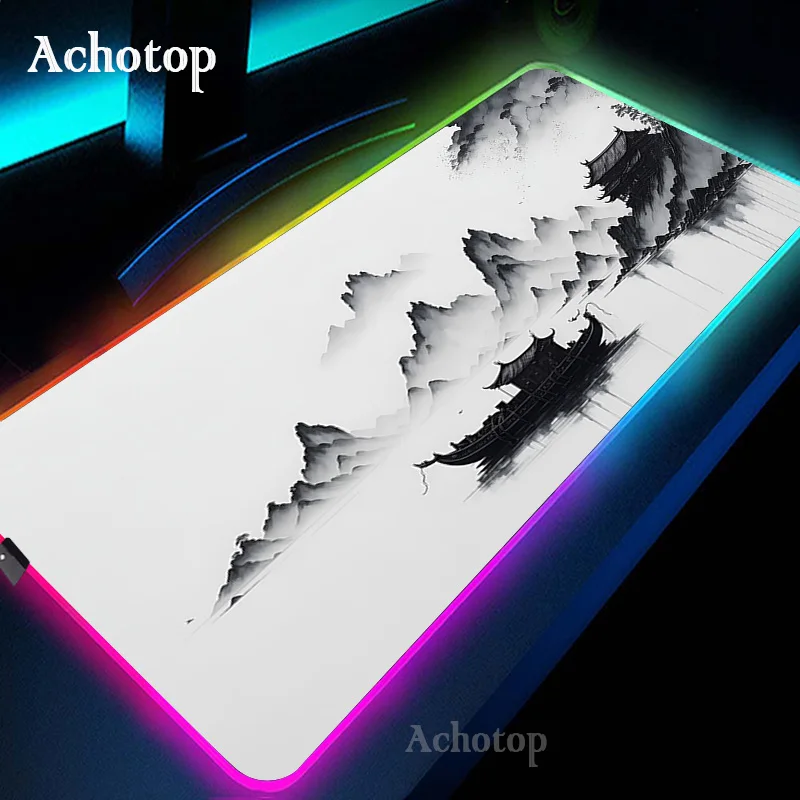 thumbnail image 1 of Alfombrilla de ratón para ordenador portátil RGB en blanco y negro, alfombrilla de ratón para juegos, alfombra grande con teclado de montaña Serenity, alfombrilla de escritorio LED de 100x50 con retro, 1 of 5