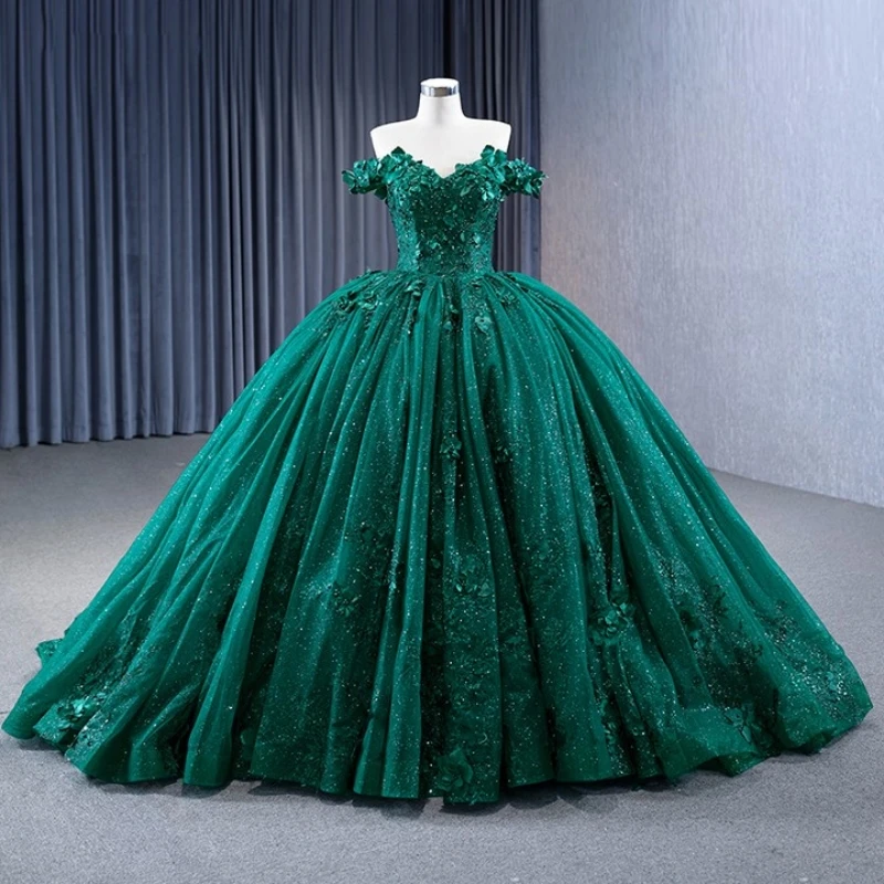 

Emerald Green Shiny Ball Gown Quinceanera Dresses 2024 Off Shoulder Beaded Appliques Sequins Sweet 16 Dress Vestidos De 15 años