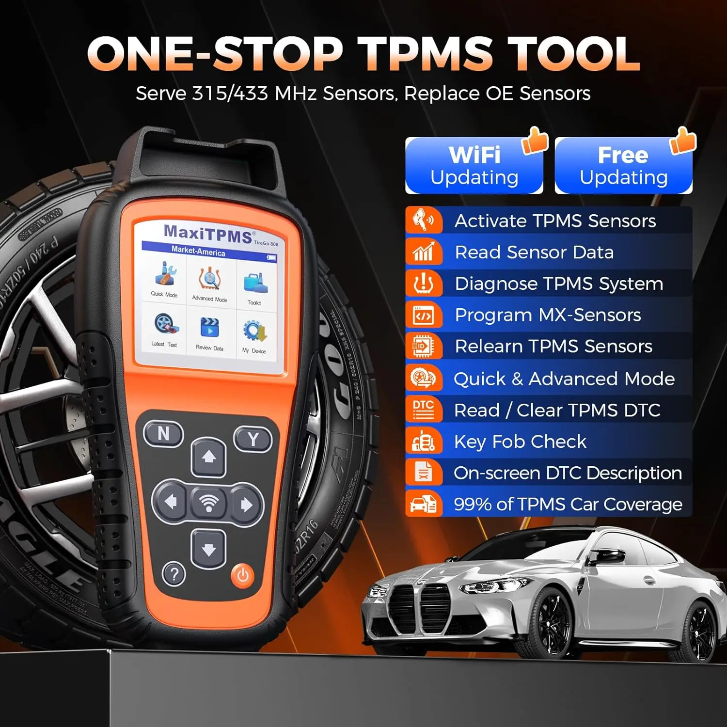 OTOFIX TireGo 808 TPMS 프로그래밍 도구, TPMS 재학습 도구, 모든 센서 프로그램 활성화, MX-센서 315, 433MHz 타이어 압력 모니터