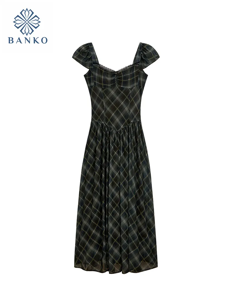 

New Design Vintage Square Collar Lace Ankle-Length Straight Dress Summer Women Fashion Elegant Plaid One-Piece Pleated Frocks