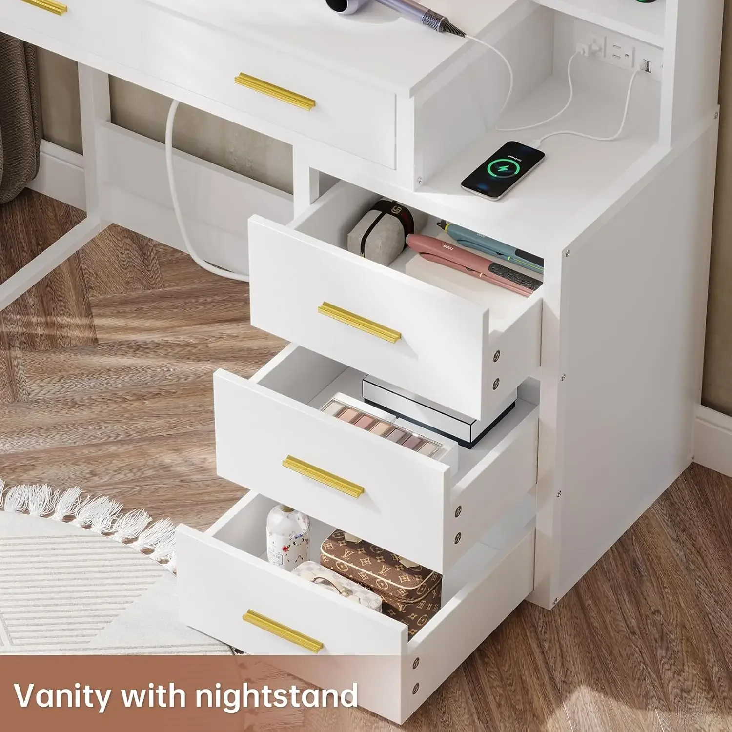 Makeup Vanity with Lights, Vanity Desk with Charging Station, White Vanity Table with 10 Light Bulbs Mirror & 3 Lighting Modes 6