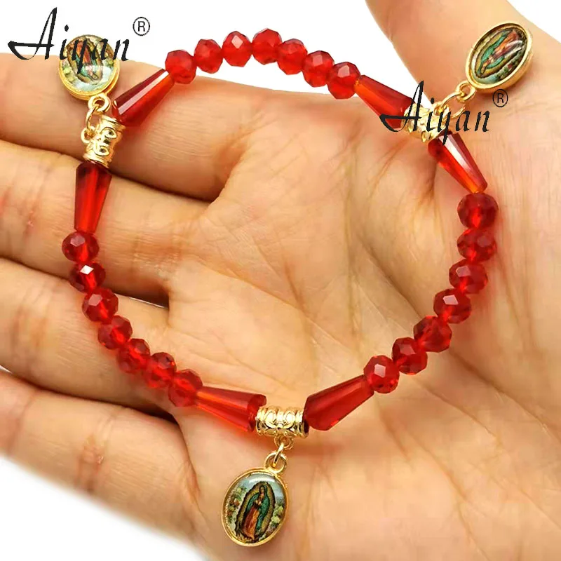 

12 Pieces Glass Beads Hanging Three Pieces Alloy Drop Oil Virgin Mary And St.Jude Elastic String Bracelets Many Colors Choose