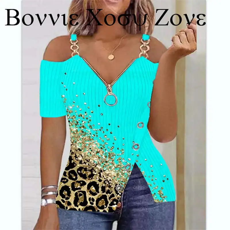 

Women Summer Short Sleeve Contrast Leopard Print Zipper Detail Cold Shoulder Top