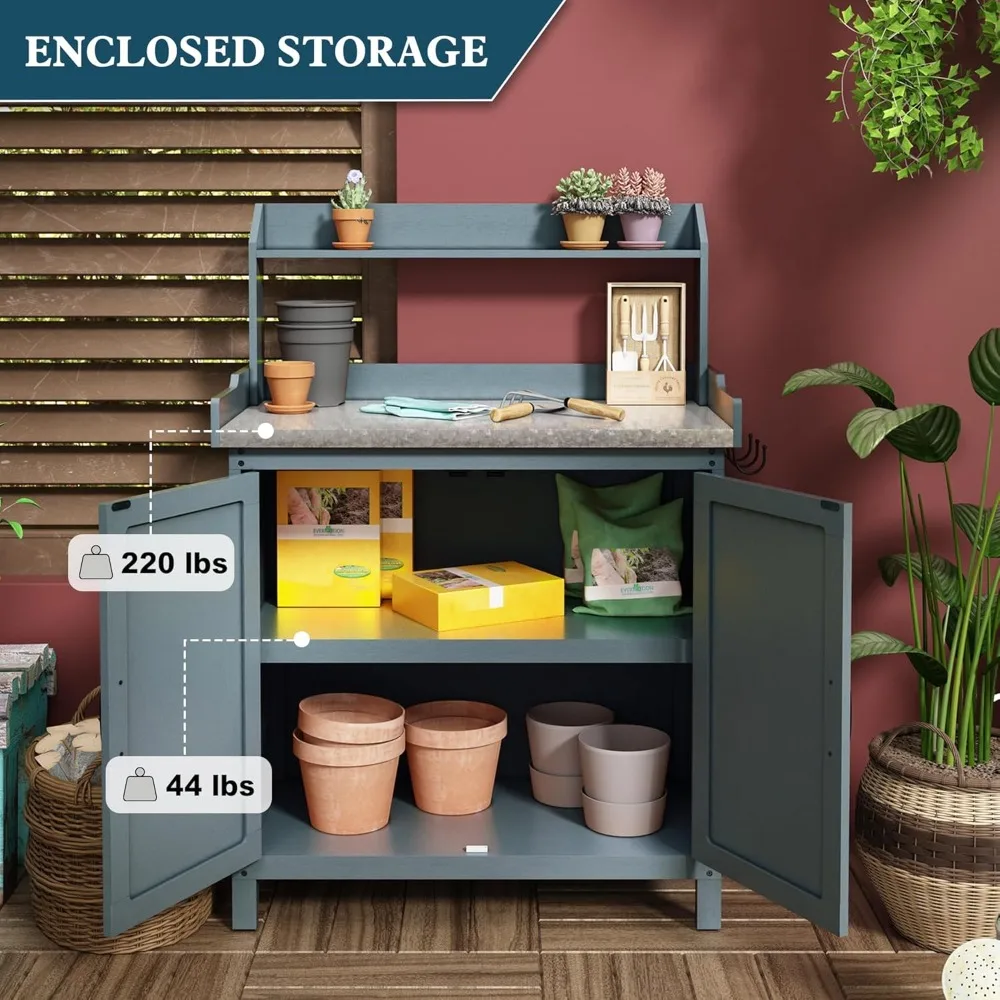 Outdoor Potting Bench Table, Wooden Gardening Table with Metal Tabletop and Storage Cabinet, Planting Table Garden Work Bench 2