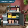 Outdoor Potting Bench Table, Wooden Gardening Table with Metal Tabletop and Storage Cabinet, Planting Table Garden Work Bench 2