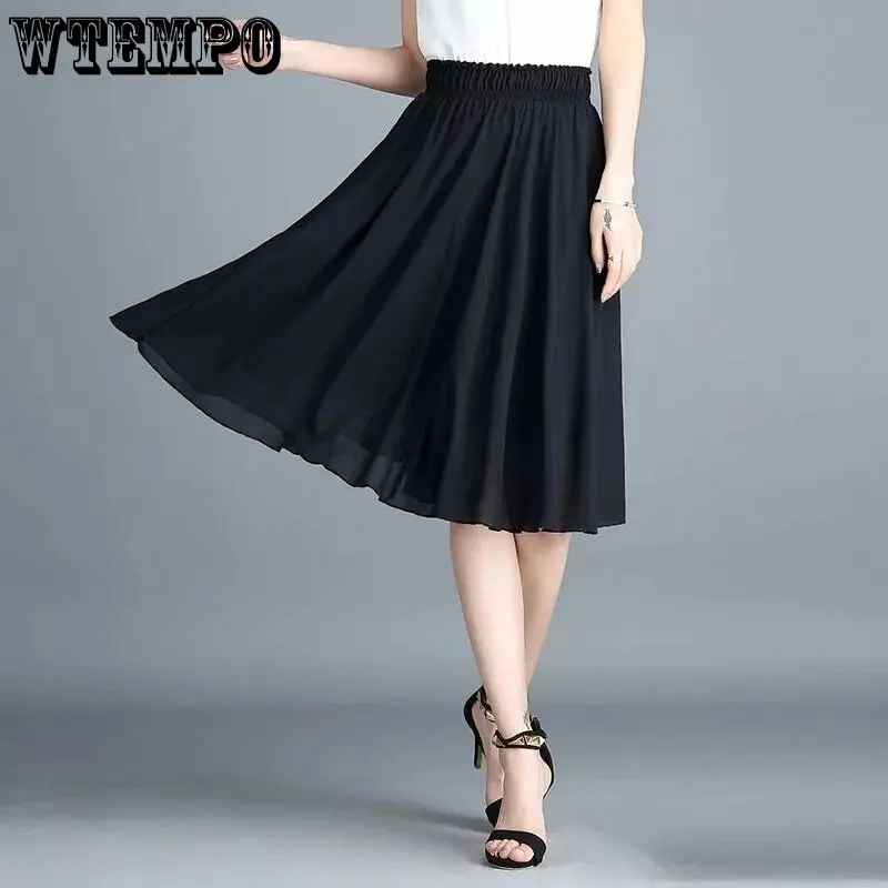 

WTEMPO Women Summer Solid Chiffon Knee-length Skirts Lady New Elastic High Waist A-line Large Swing Casual Gauze Pleated Skirts