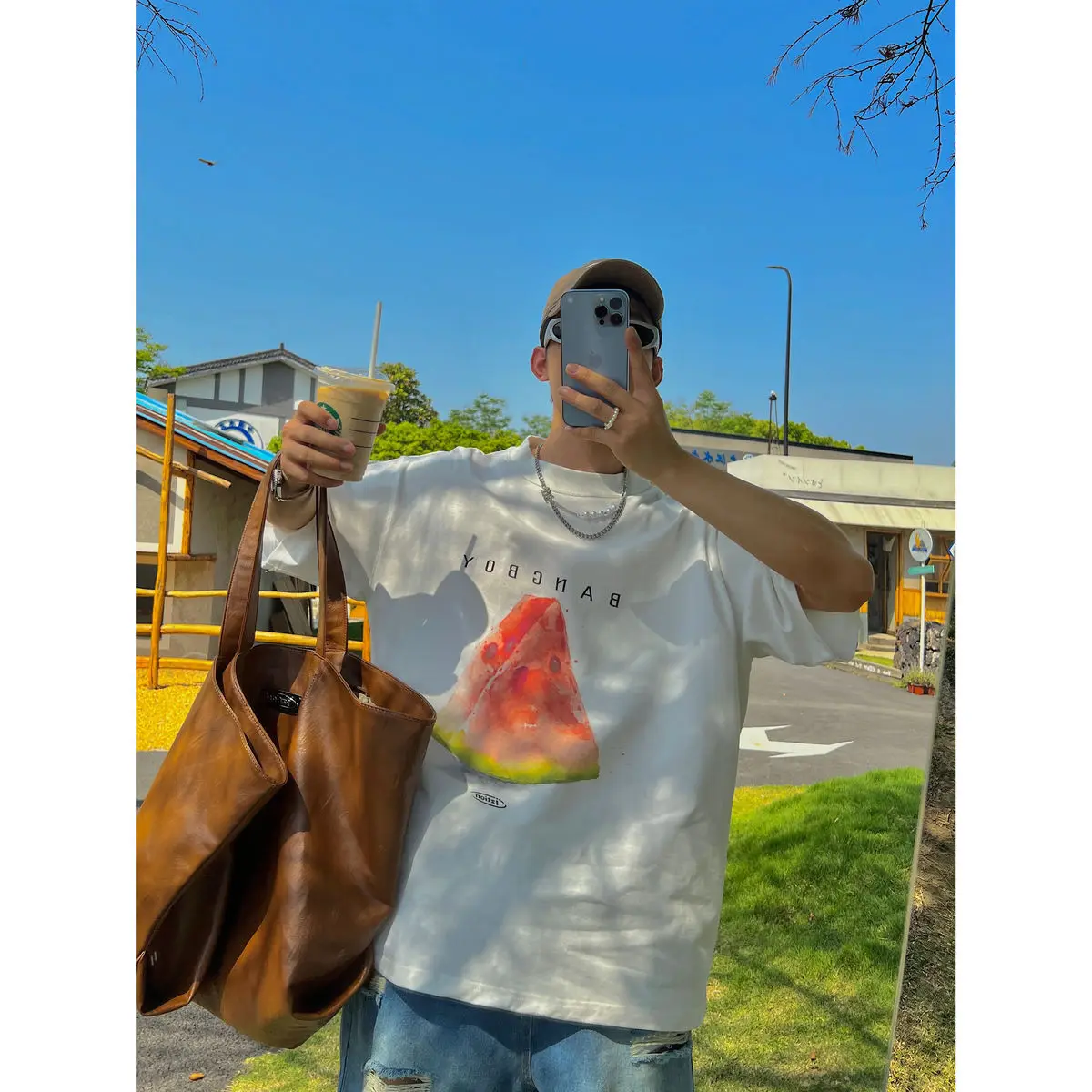 

280g pure cotton heavyweight summer fun watermelon print white short sleeved T-shirt men loose casual round neck top trendy