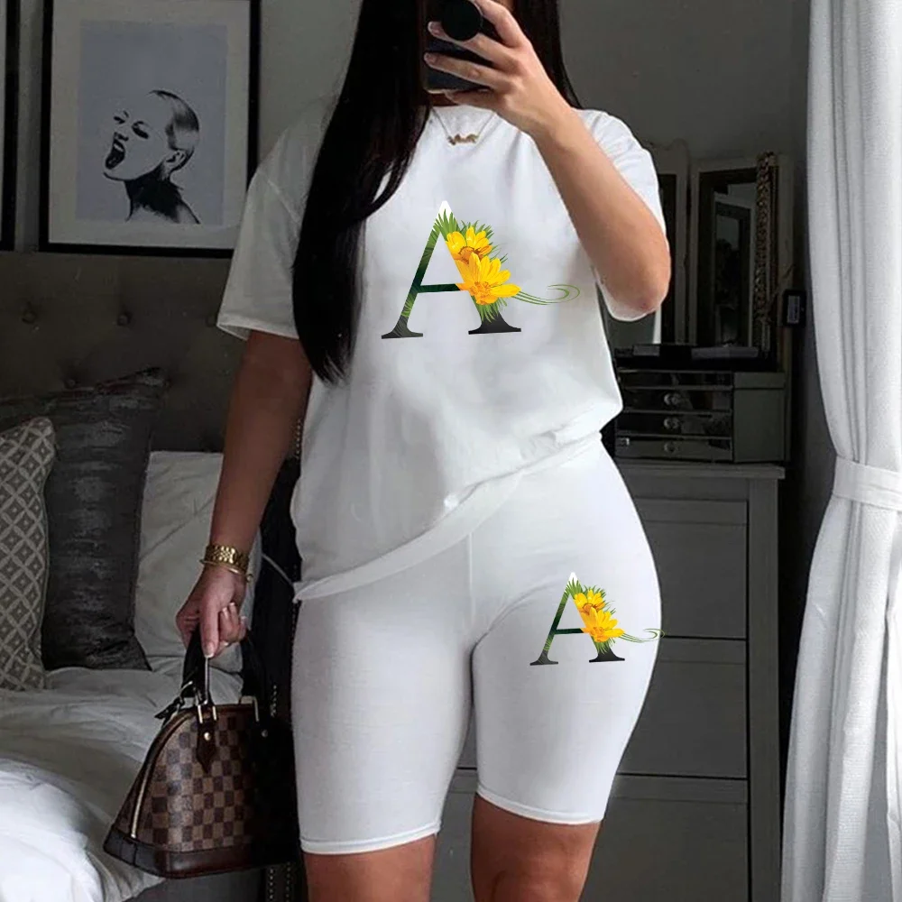 Summer Women Short Sleeve Tracksuit Letter Flowers Printed Sport T-Shirts + Shorts 2 Piece Sets White Female Joggers Outfits