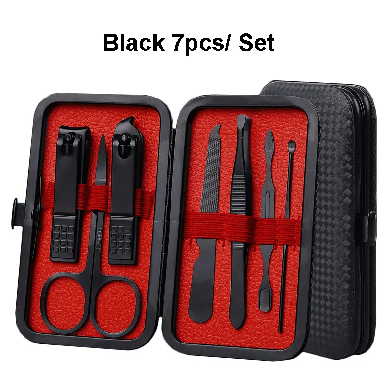 Nail Clipper Set 7pcs Professional Black Nail Clippers Kit Dead Skin Pliers Nails Scissor Tweezer Pedicure Knife Stainless Steel Manicure Tool