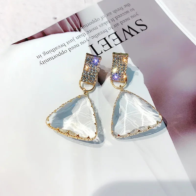 

New Fashion 925 Silver Needle Luxury Triangle Design Big Crystal Earrings For Women Female Korean Party Jewelry