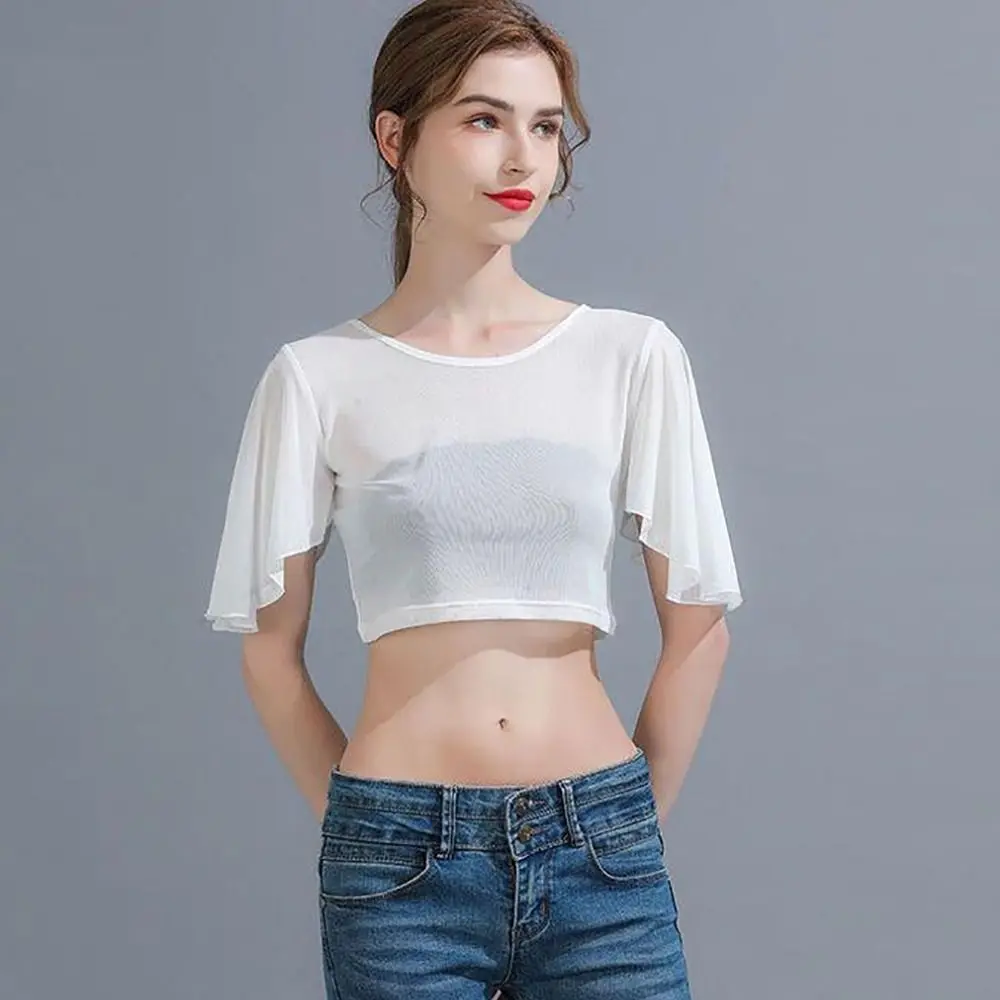 Nylon Spandex Black White Short Sleeve Women Crop Tops