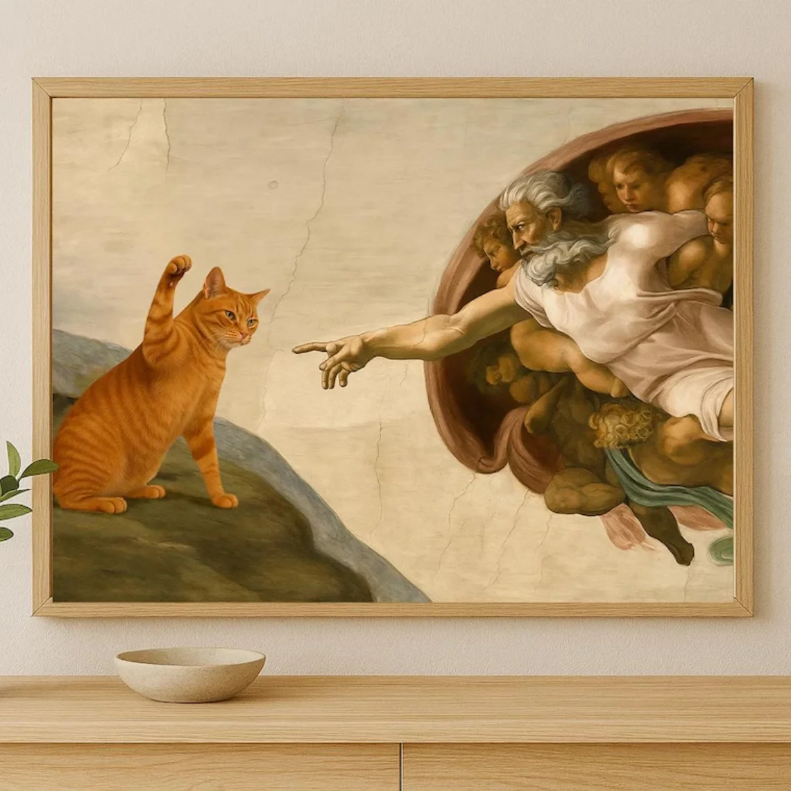 "Whimsical 'Creation of Adam' with Orange Cat Wall Print Decor - Classic Art Parody Poster for Eclectic Living Room, Quirky 1
