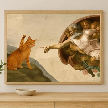 "Whimsical 'Creation of Adam' with Orange Cat Wall Print Decor - Classic Art Parody Poster for Eclectic Living Room, Quirky 1