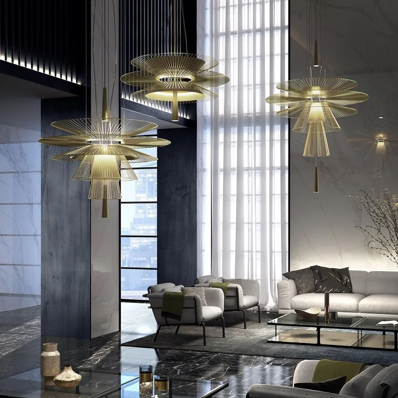 

Postmodern empty duplex staircase art golden decoration restaurant chandelier designer creative bar exhibition hall lamps