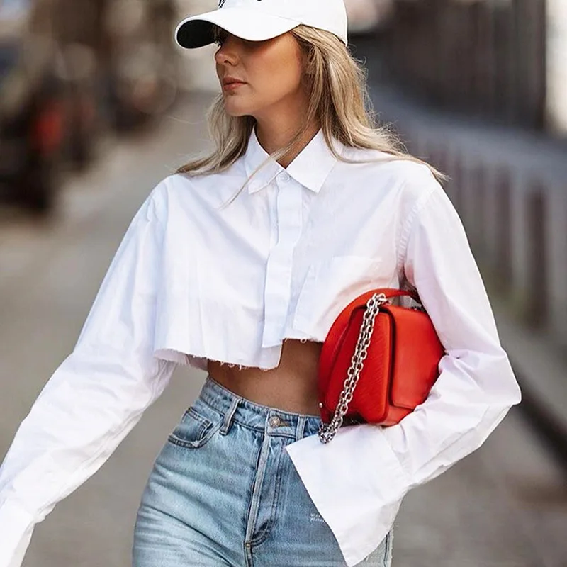 

Sexy Crop Top Shirt for Women Lapel Collar Long Sleeve Loose Loose and Irregular High Waisted Short Shirt with Exposed Navel